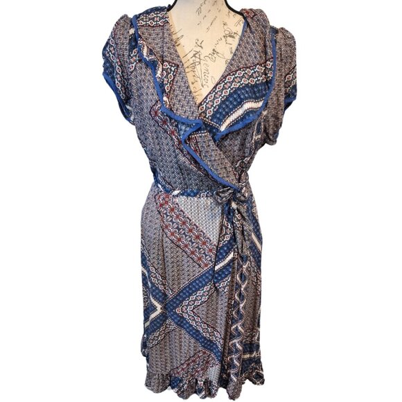 Papillon Patchwork Midi Dress Lg Wrap Ruffles Dark Cottagecore Fall Autumn Boho - Picture 2 of 10